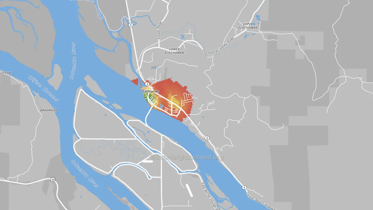 Walk Grade map of 98612, WA, walkable areas in green and car-dependent areas in red