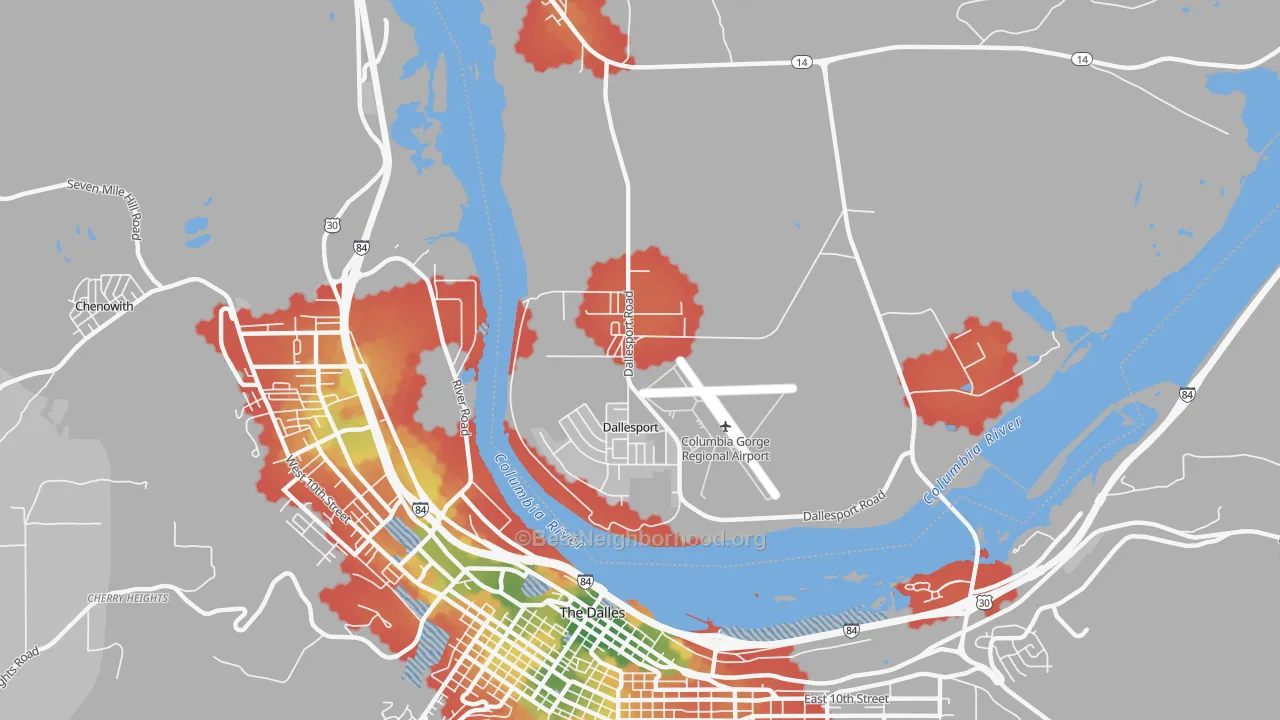 Walk Grade map of 98617, WA, walkable areas in green and car-dependent areas in red