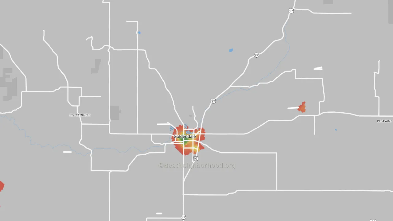 Walk Grade map of 98620, WA, walkable areas in green and car-dependent areas in red