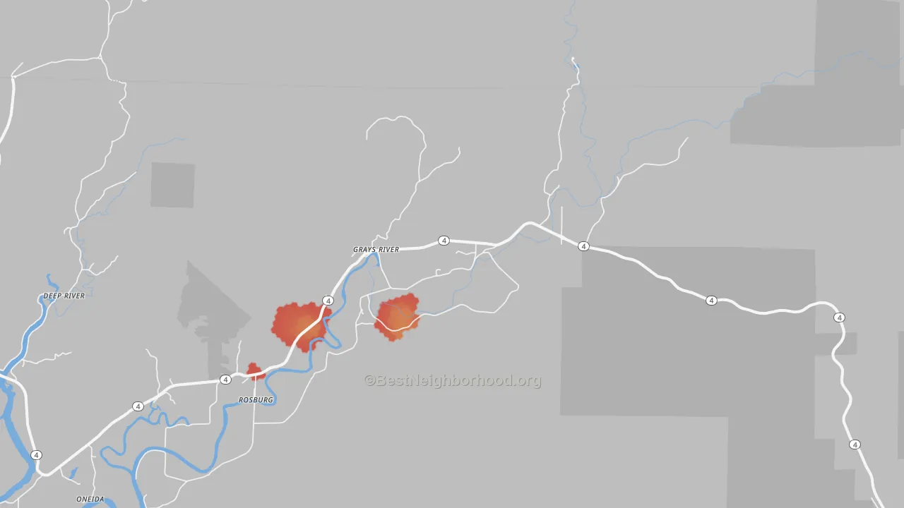 Walk Grade map of 98621, WA, walkable areas in green and car-dependent areas in red