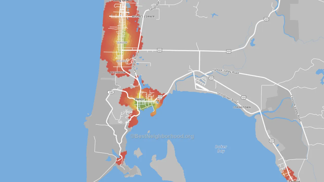 Walk Grade map of 98624, WA, walkable areas in green and car-dependent areas in red