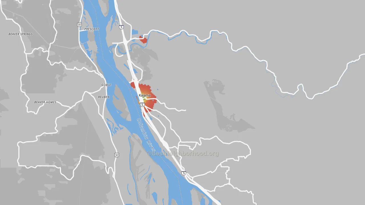 Walk Grade map of 98625, WA, walkable areas in green and car-dependent areas in red