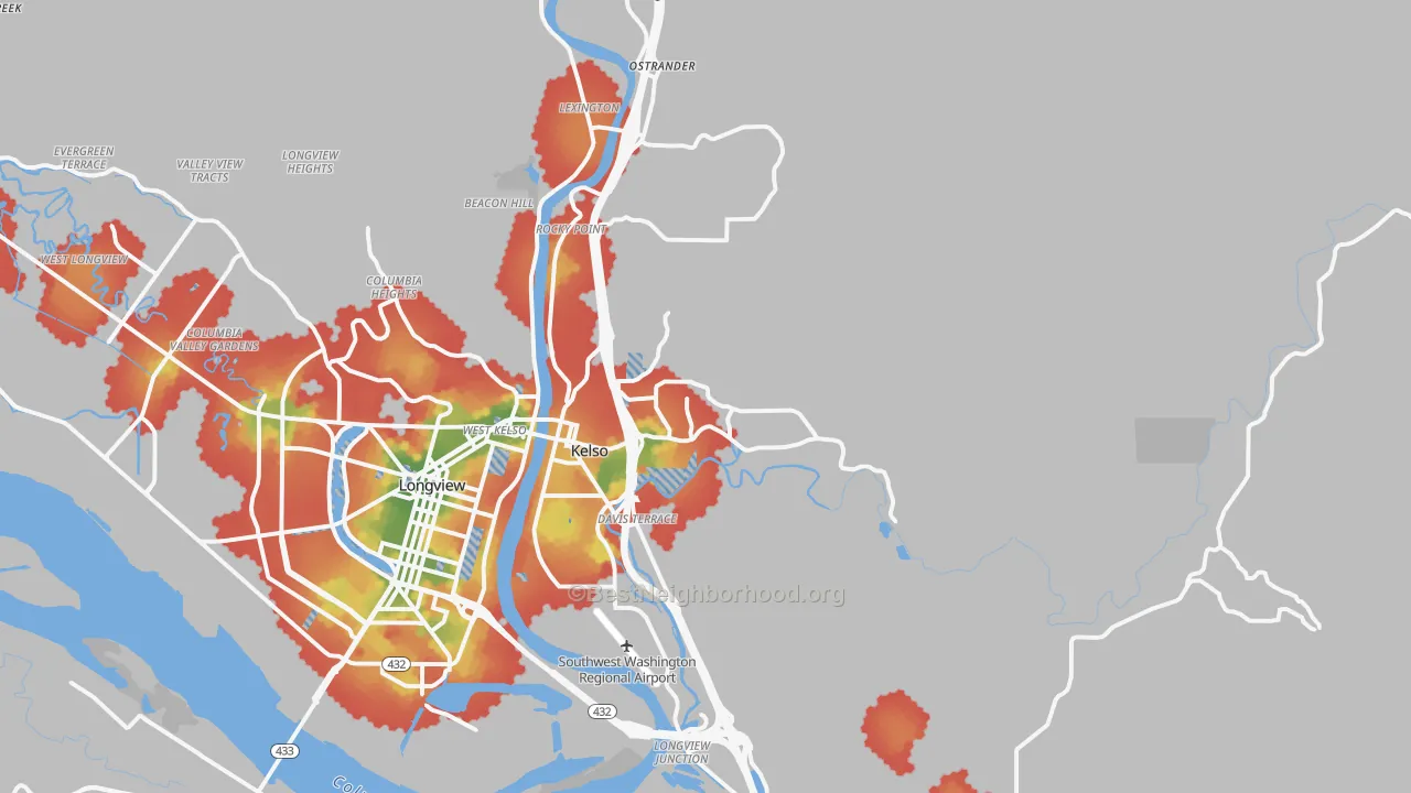 Walk Grade map of 98626, WA, walkable areas in green and car-dependent areas in red
