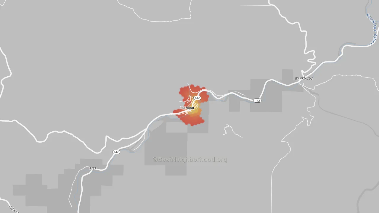 Walk Grade map of 98628, WA, walkable areas in green and car-dependent areas in red