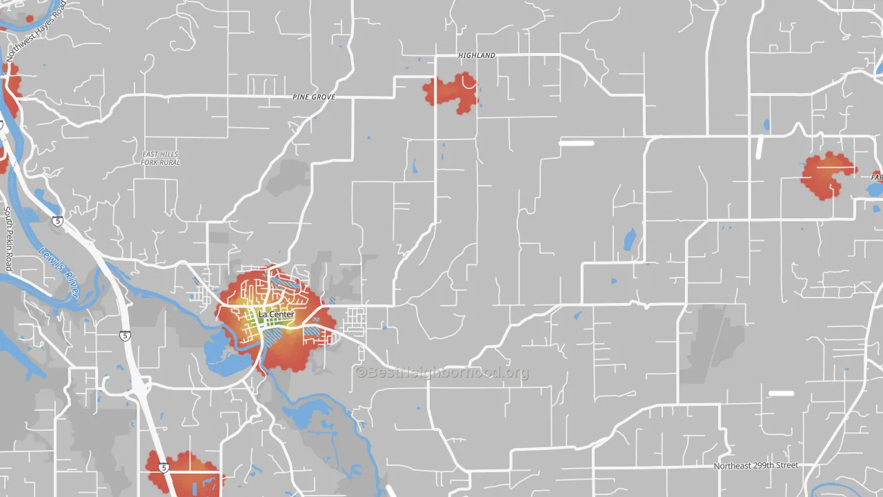 Walk Grade map of 98629, WA, walkable areas in green and car-dependent areas in red