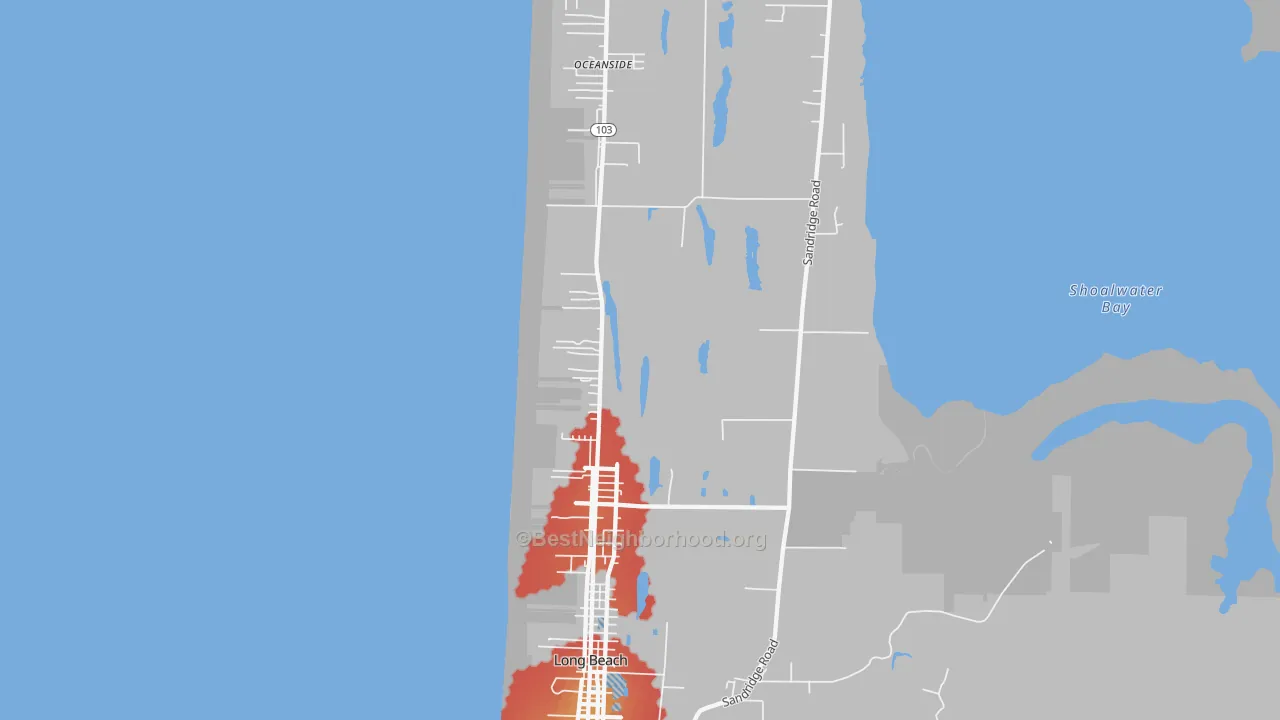 Walk Grade map of 98631, WA, walkable areas in green and car-dependent areas in red