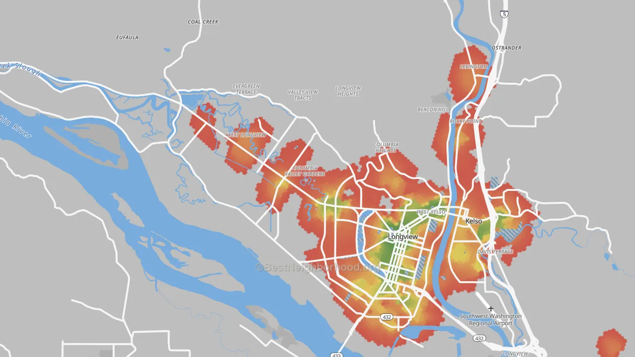 Walk Grade map of 98632, WA, walkable areas in green and car-dependent areas in red