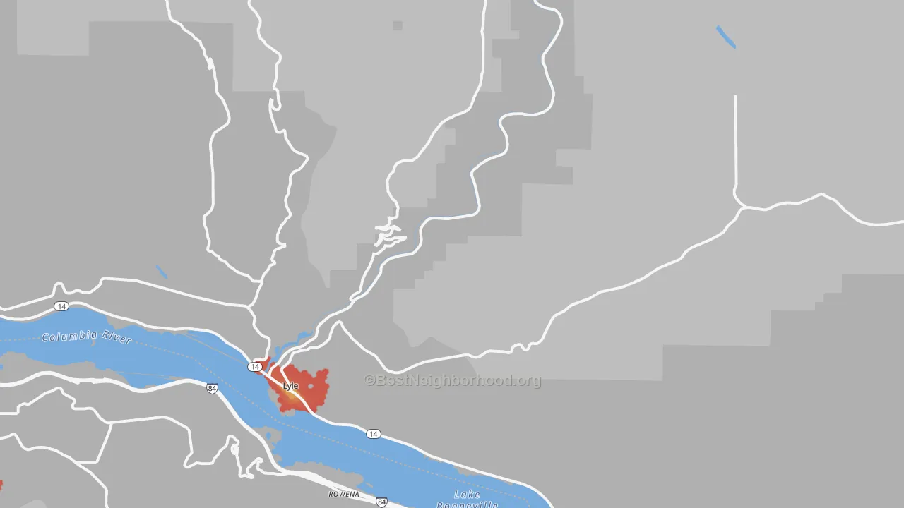 Walk Grade map of 98635, WA, walkable areas in green and car-dependent areas in red