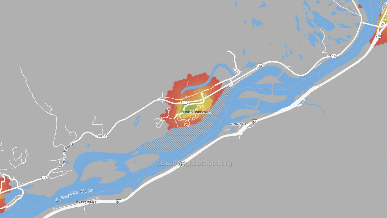 Walk Grade map of 98639, WA, walkable areas in green and car-dependent areas in red