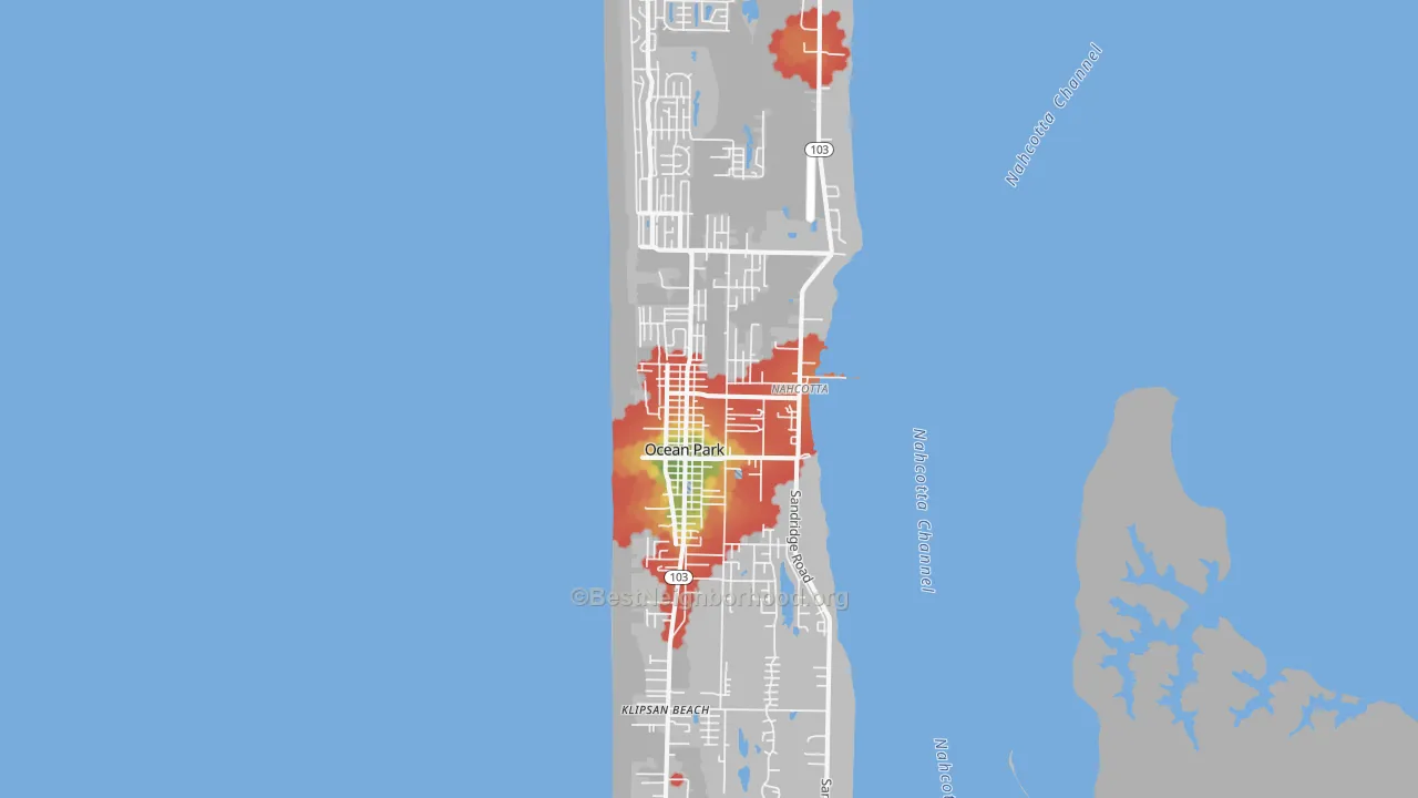 Walk Grade map of 98640, WA, walkable areas in green and car-dependent areas in red