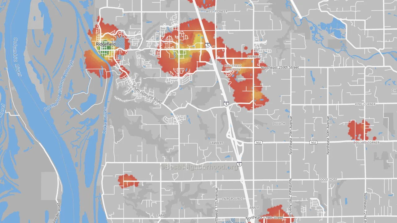 Walk Grade map of 98642, WA, walkable areas in green and car-dependent areas in red