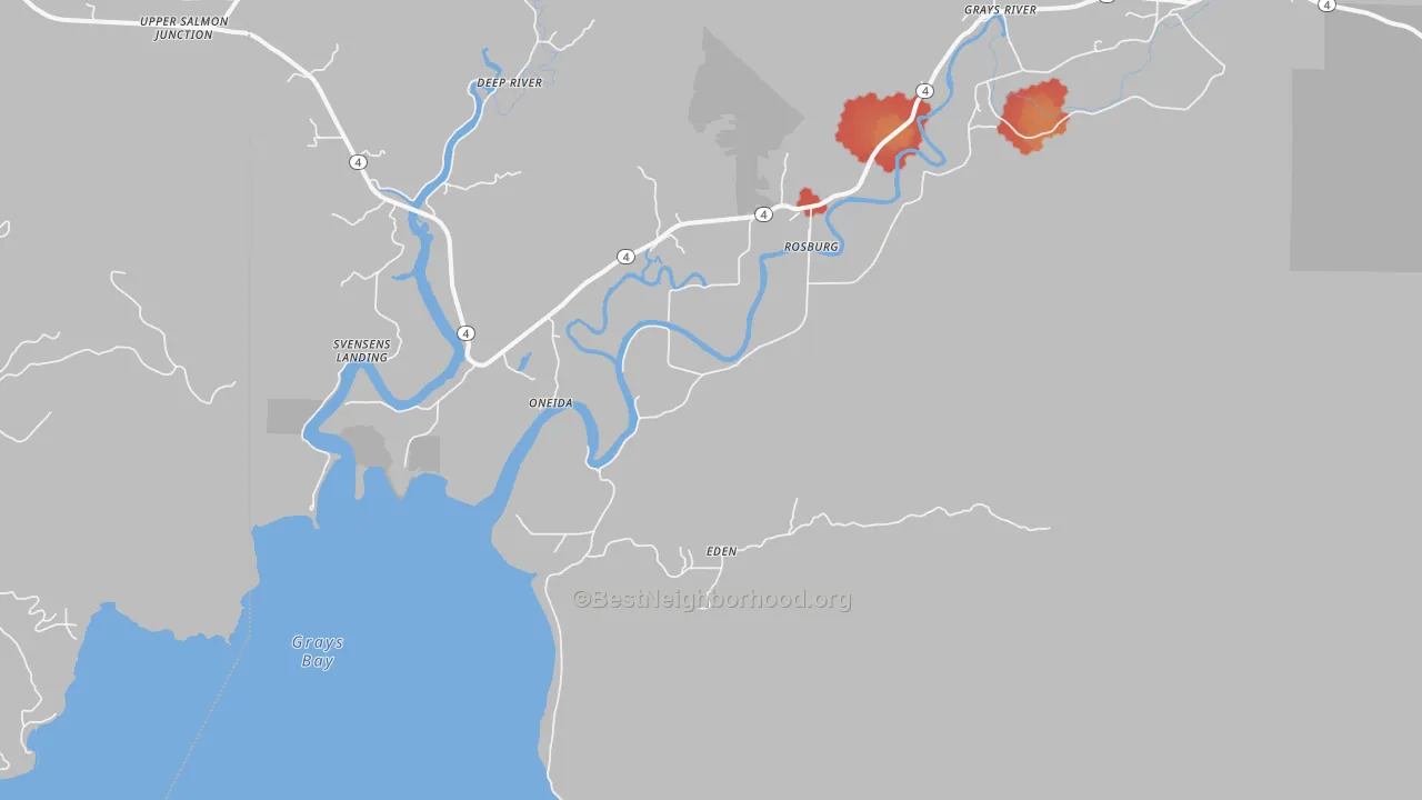Walk Grade map of 98643, WA, walkable areas in green and car-dependent areas in red