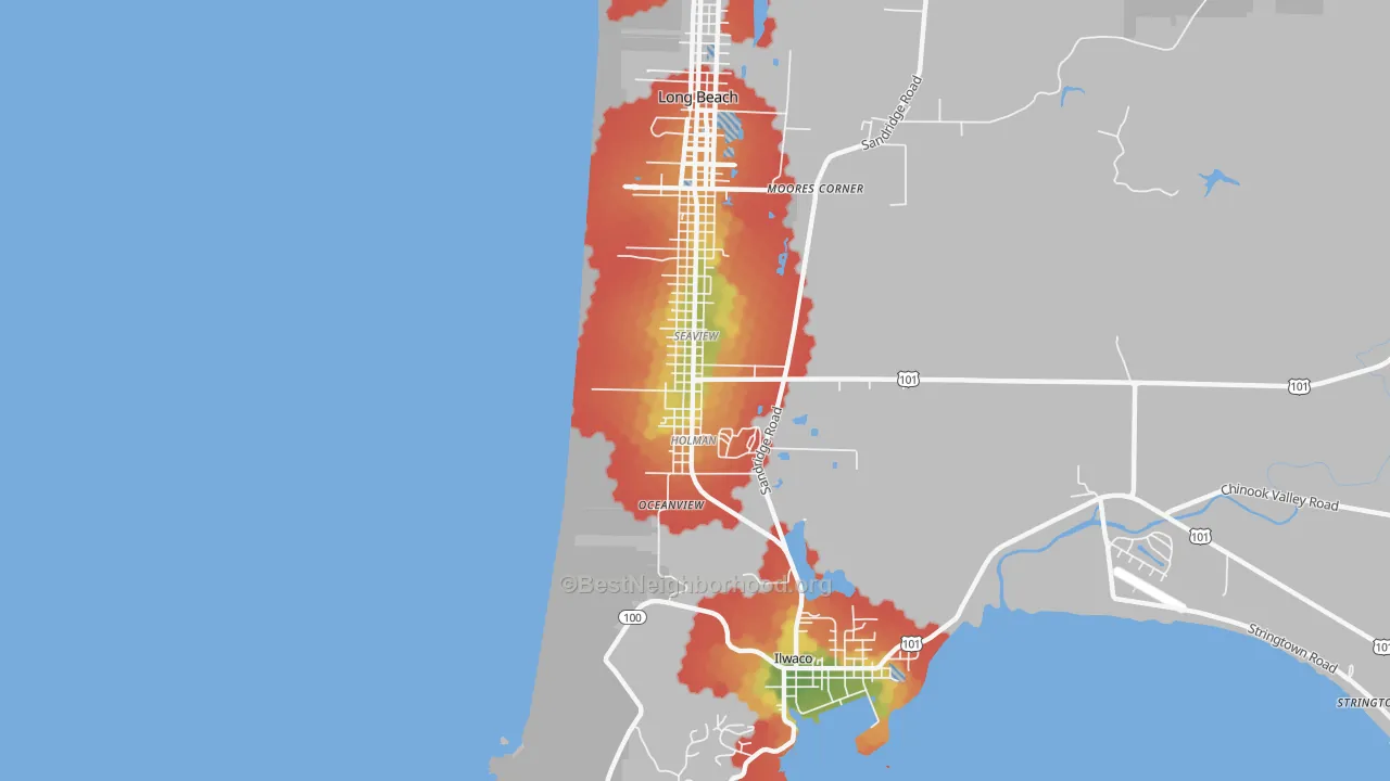 Walk Grade map of 98644, WA, walkable areas in green and car-dependent areas in red