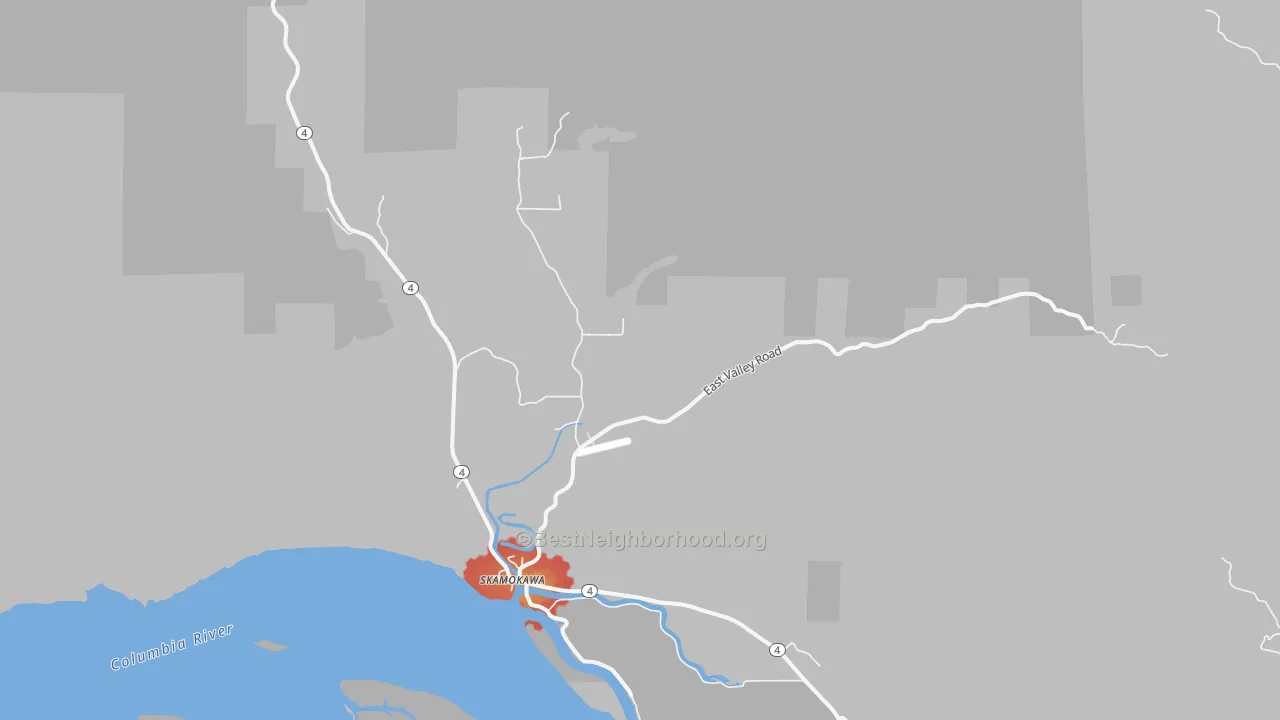 Walk Grade map of 98647, WA, walkable areas in green and car-dependent areas in red