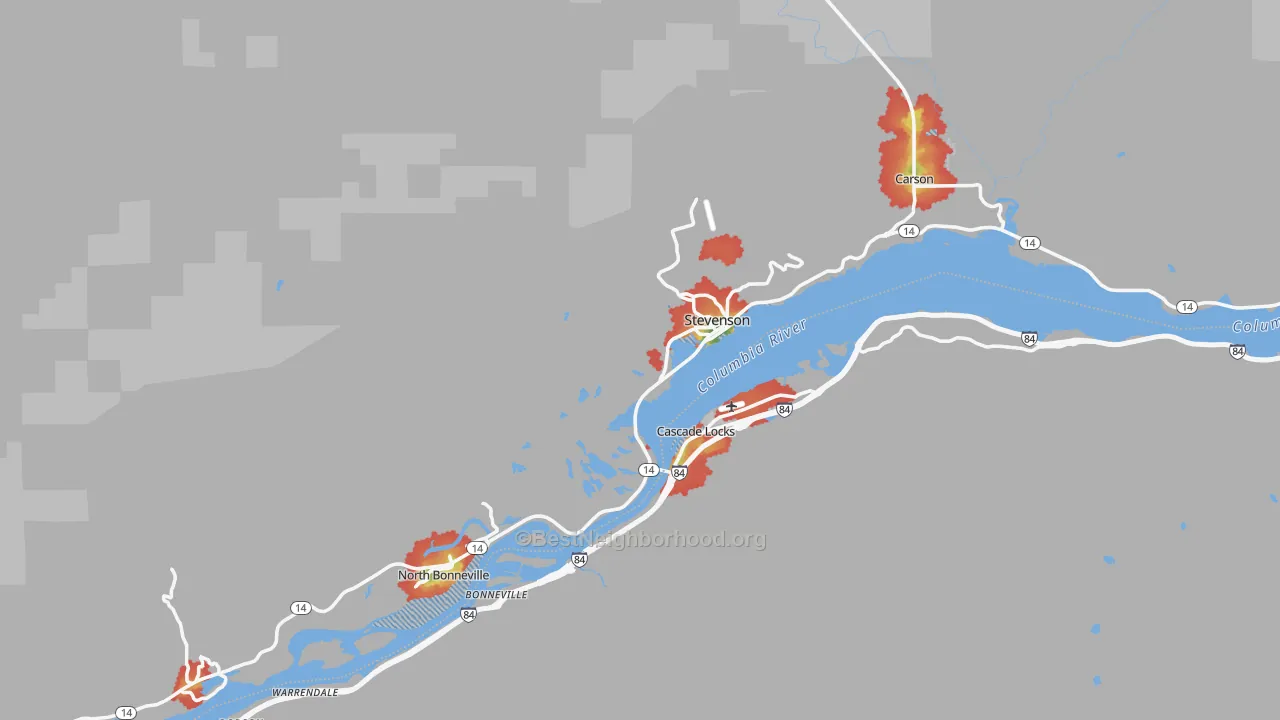 Walk Grade map of 98648, WA, walkable areas in green and car-dependent areas in red