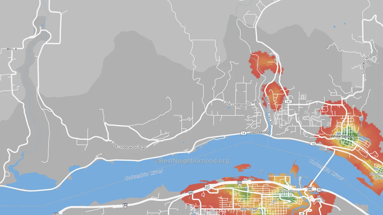 Walk Grade map of 98651, WA, walkable areas in green and car-dependent areas in red