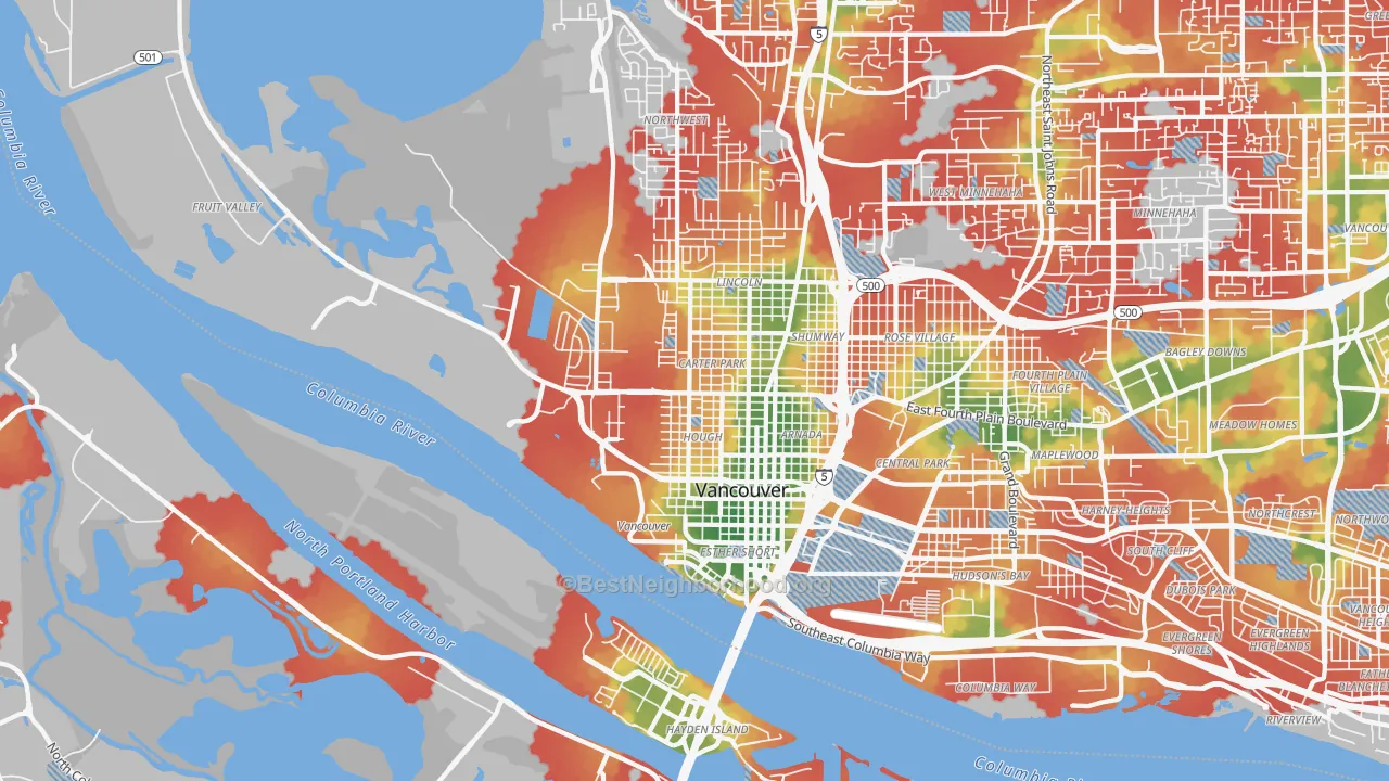 Walk Grade map of 98660, WA, walkable areas in green and car-dependent areas in red