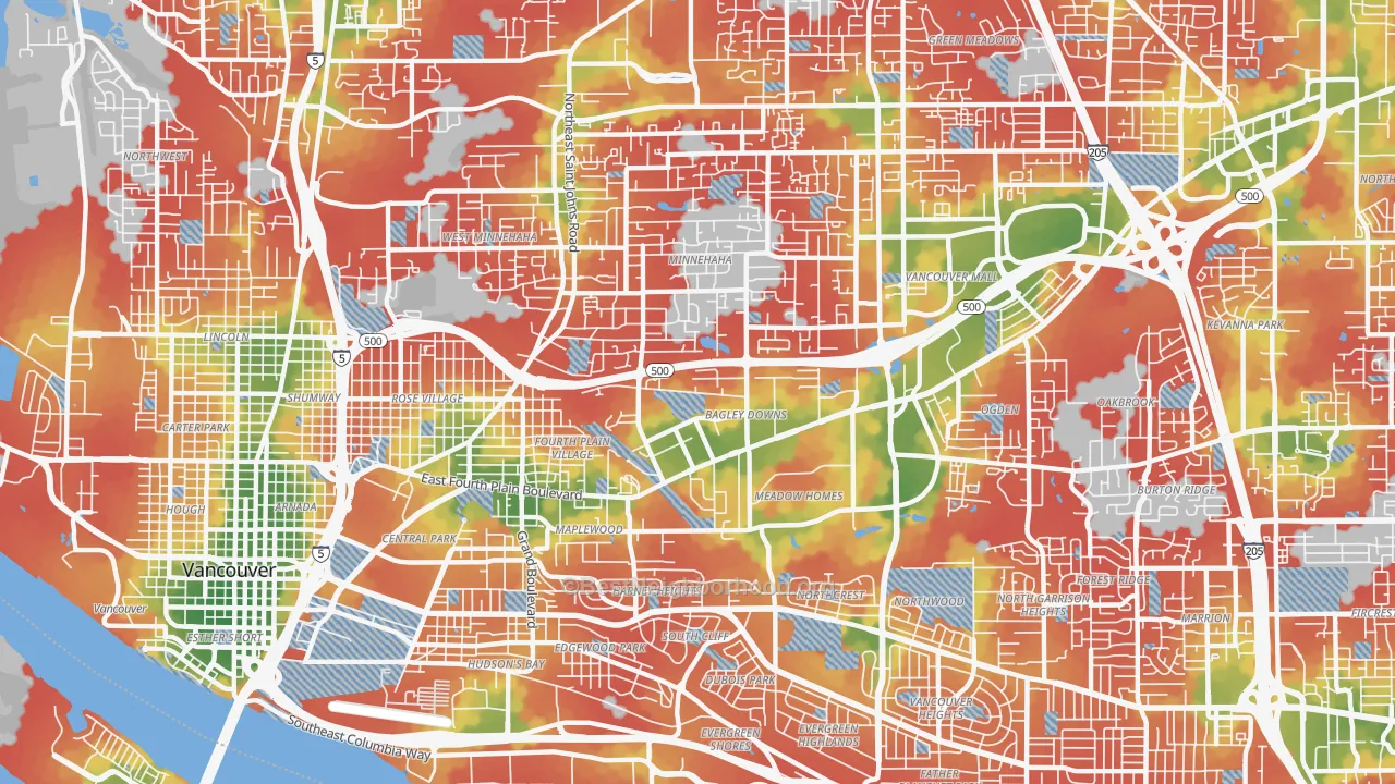 Walk Grade map of 98661, WA, walkable areas in green and car-dependent areas in red