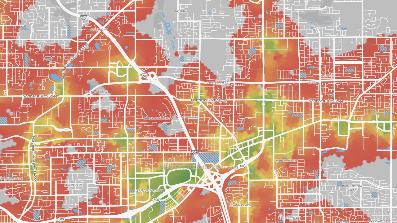 Walk Grade map of 98662, WA, walkable areas in green and car-dependent areas in red