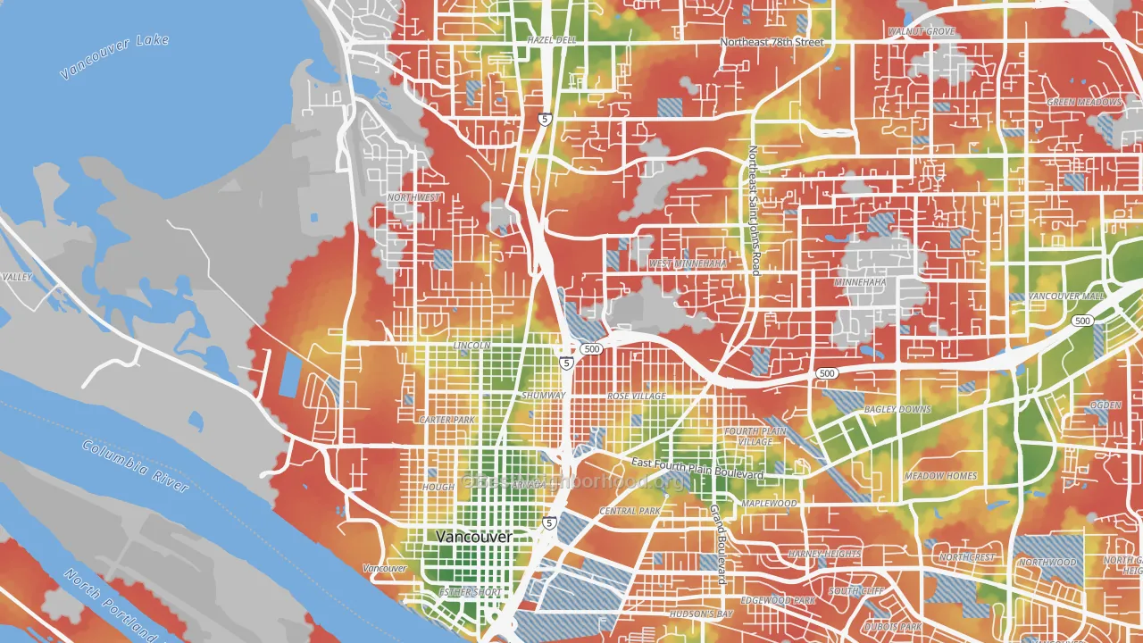 Walk Grade map of 98663, WA, walkable areas in green and car-dependent areas in red