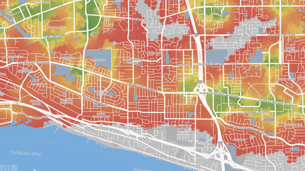 Walk Grade map of 98664, WA, walkable areas in green and car-dependent areas in red