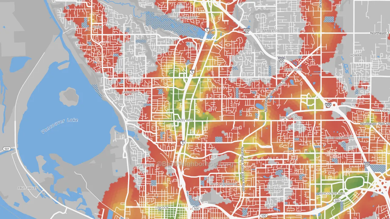 Walk Grade map of 98665, WA, walkable areas in green and car-dependent areas in red