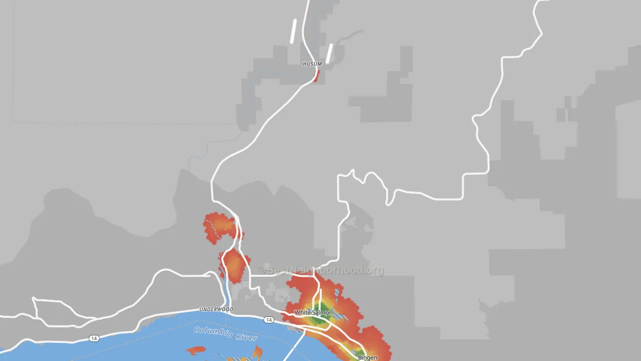 Walk Grade map of 98672, WA, walkable areas in green and car-dependent areas in red