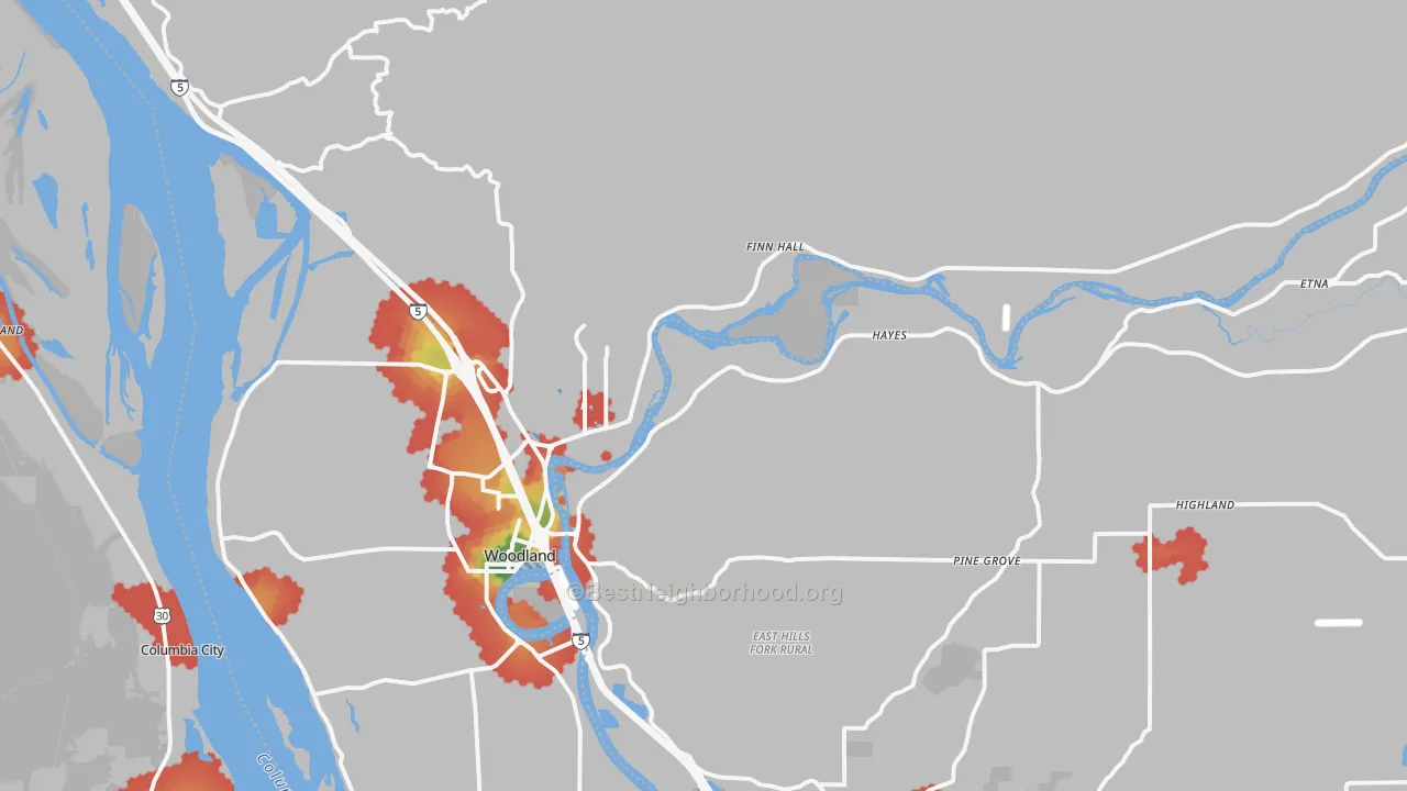 Walk Grade map of 98674, WA, walkable areas in green and car-dependent areas in red