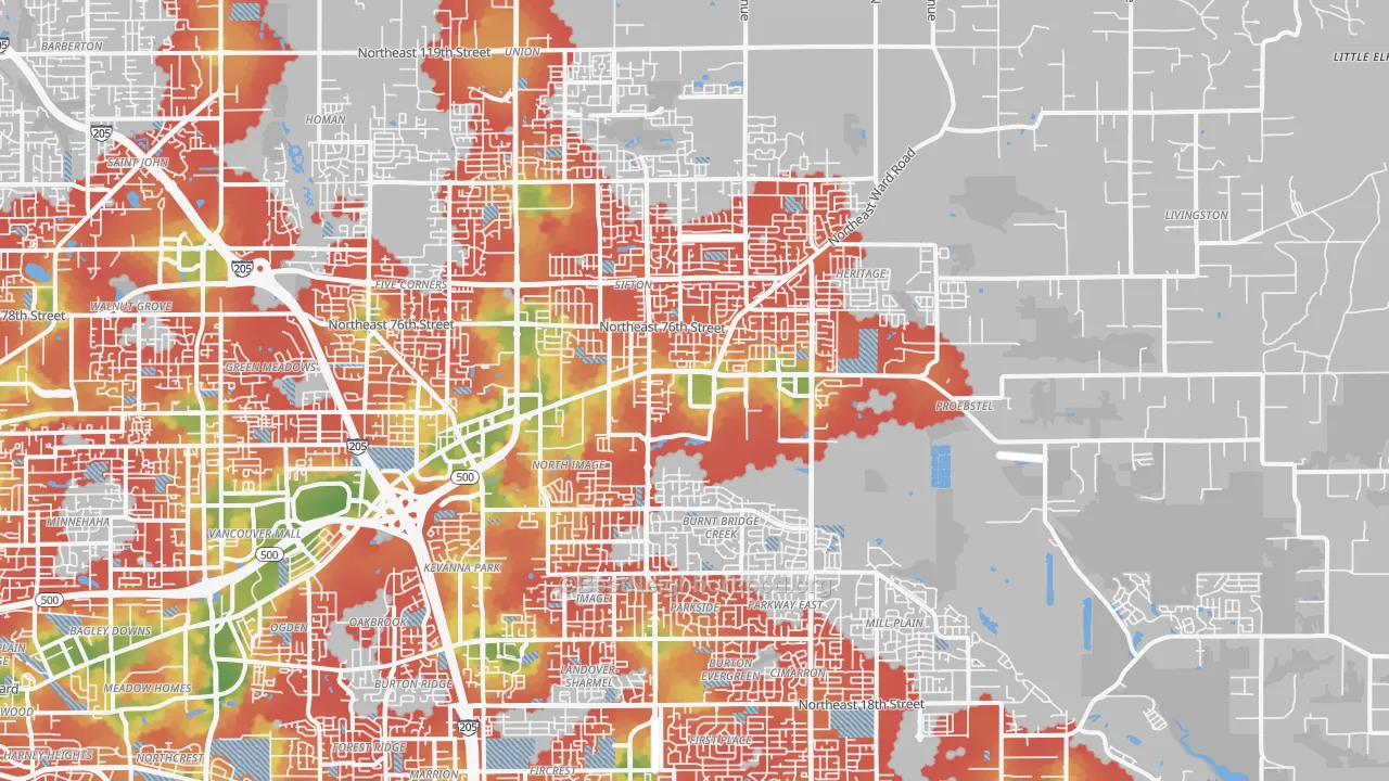 Walk Grade map of 98682, WA, walkable areas in green and car-dependent areas in red