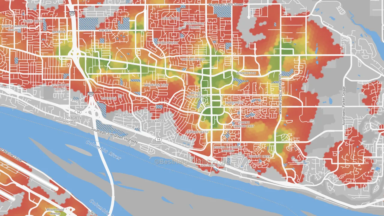 Walk Grade map of 98683, WA, walkable areas in green and car-dependent areas in red