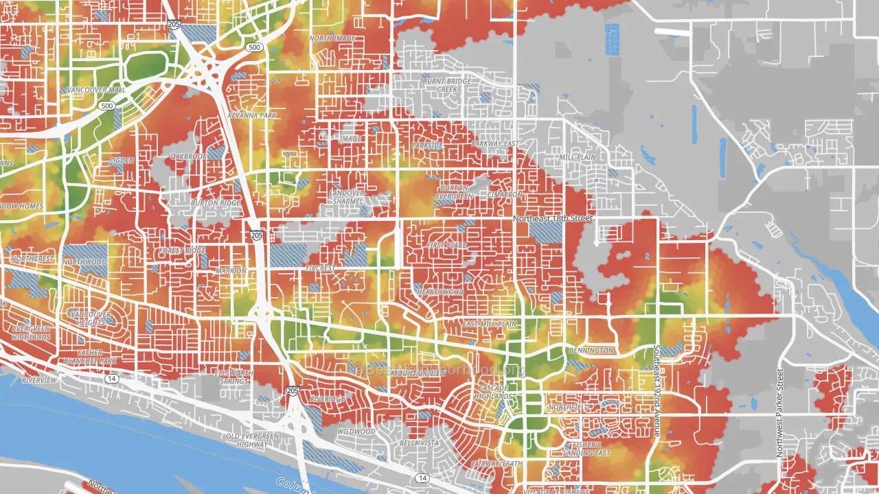 Walk Grade map of 98684, WA, walkable areas in green and car-dependent areas in red
