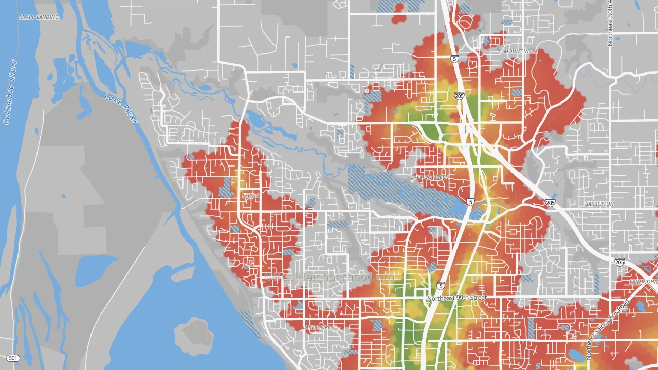 Walk Grade map of 98685, WA, walkable areas in green and car-dependent areas in red