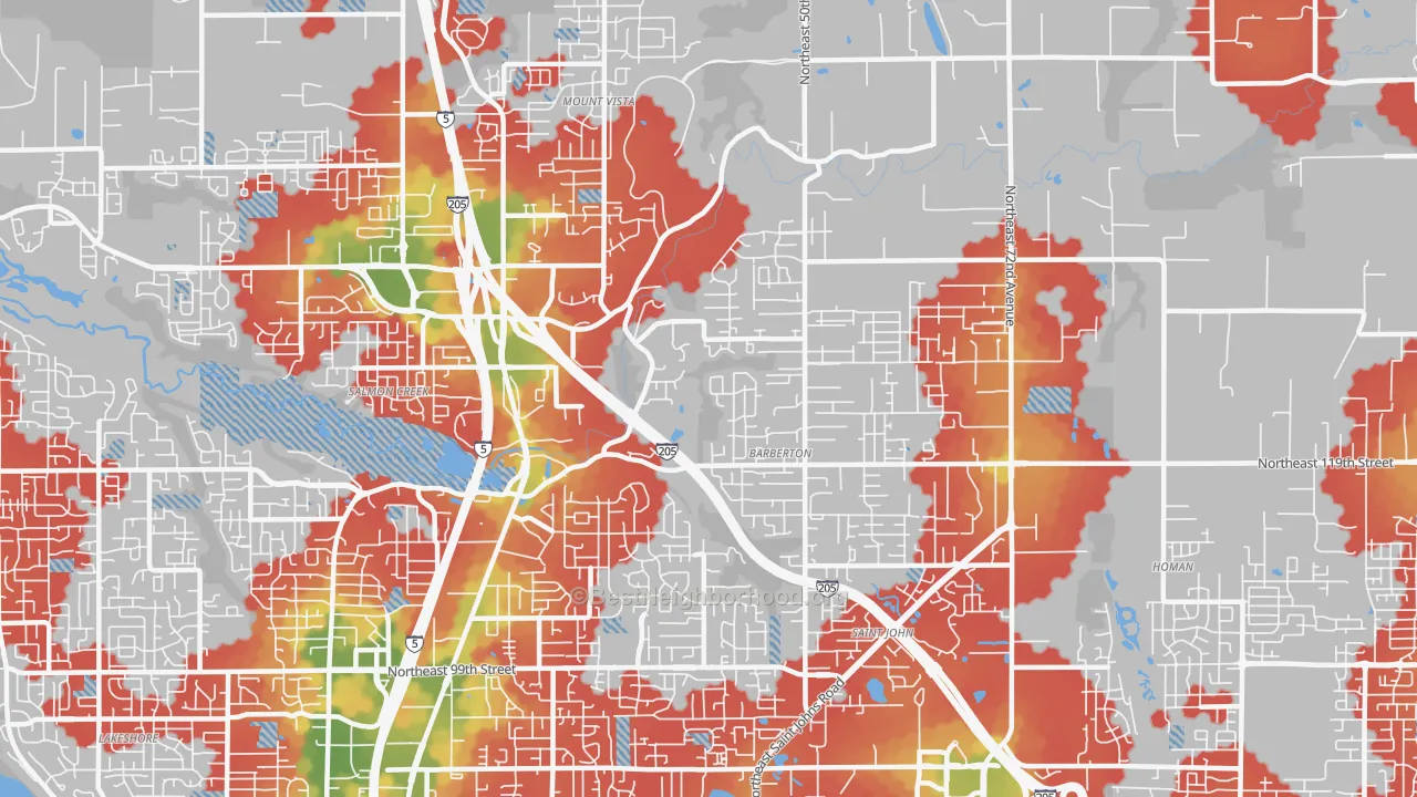 Walk Grade map of 98686, WA, walkable areas in green and car-dependent areas in red