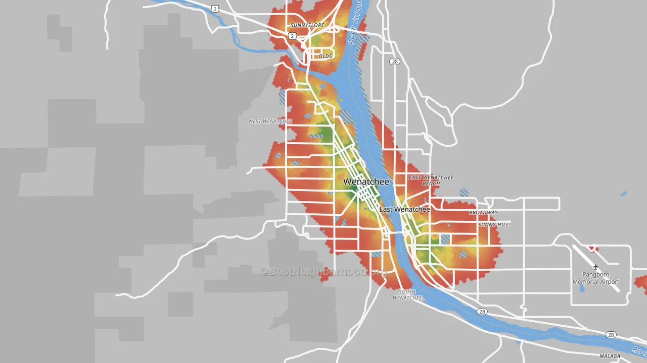Walk Grade map of 98801, WA, walkable areas in green and car-dependent areas in red