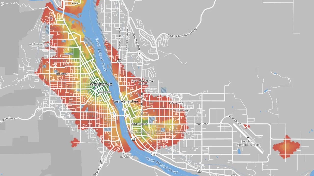 Walk Grade map of 98802, WA, walkable areas in green and car-dependent areas in red