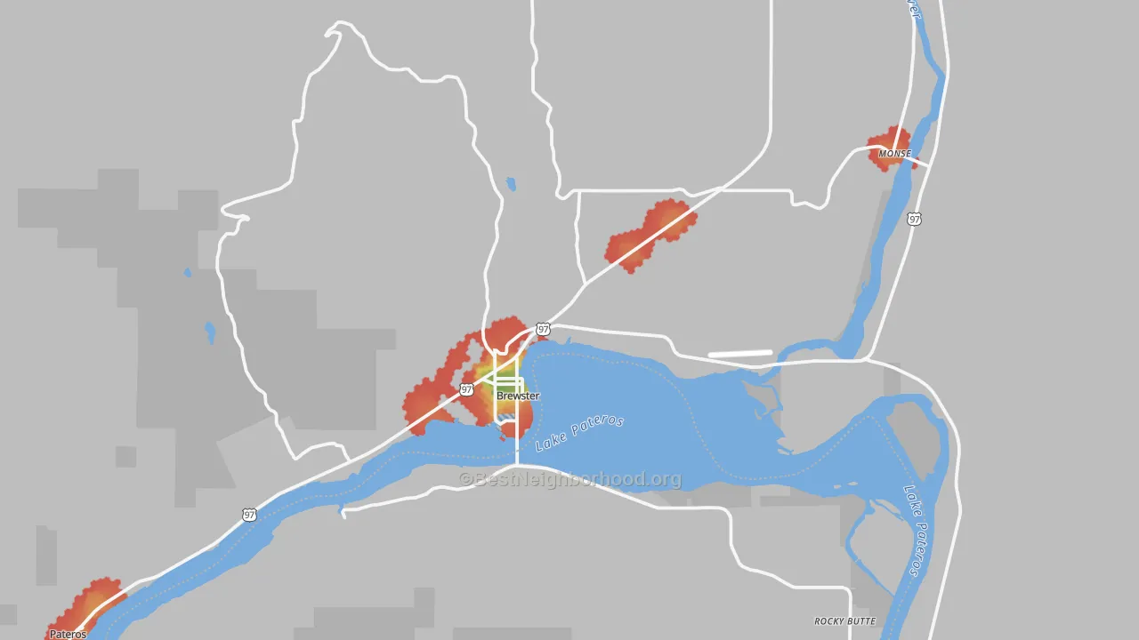 Walk Grade map of 98812, WA, walkable areas in green and car-dependent areas in red