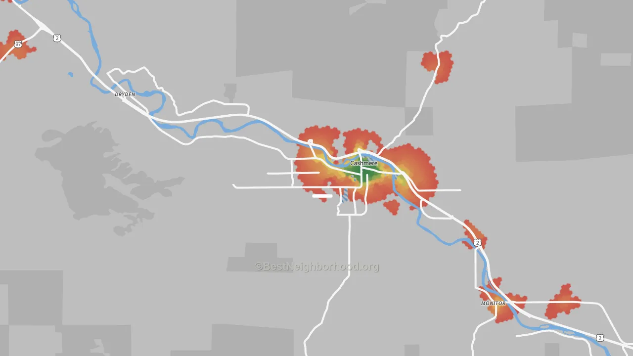 Walk Grade map of 98815, WA, walkable areas in green and car-dependent areas in red