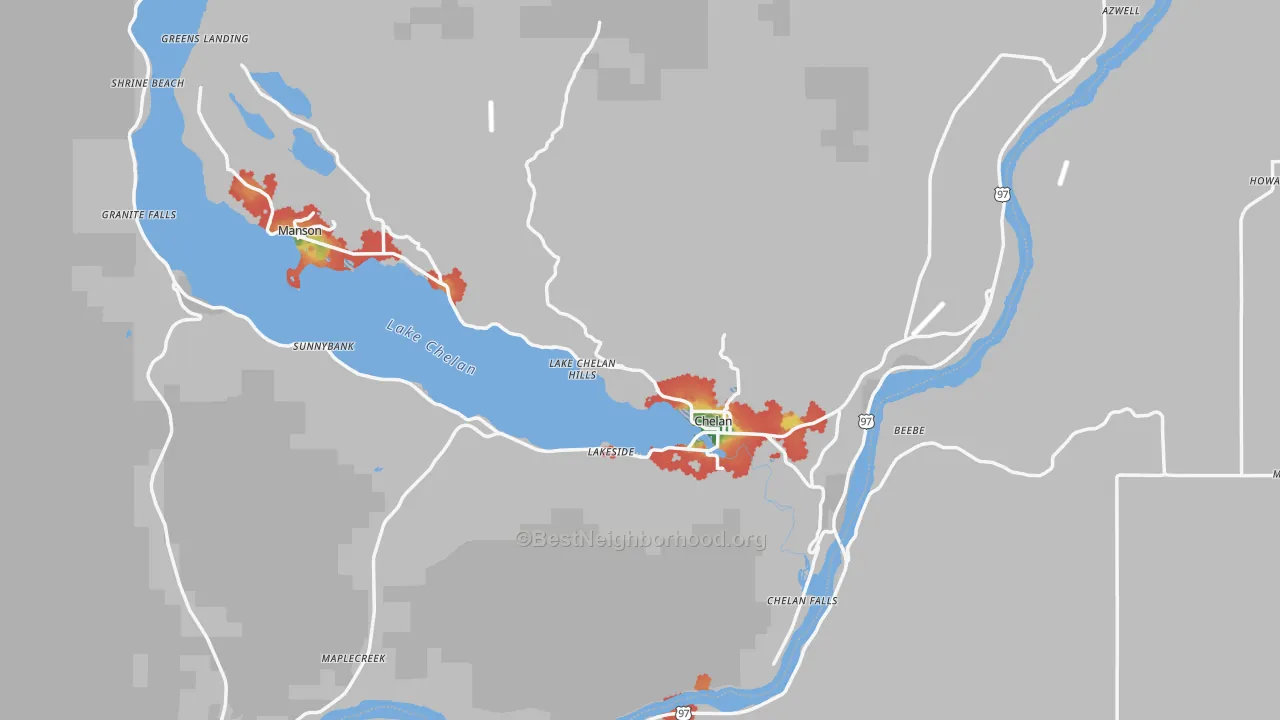 Walk Grade map of 98816, WA, walkable areas in green and car-dependent areas in red