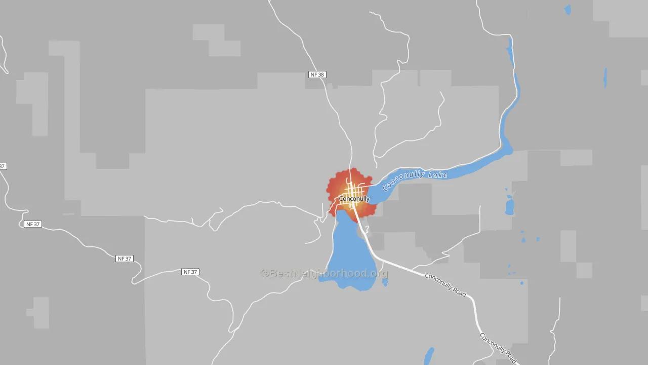 Walk Grade map of 98819, WA, walkable areas in green and car-dependent areas in red