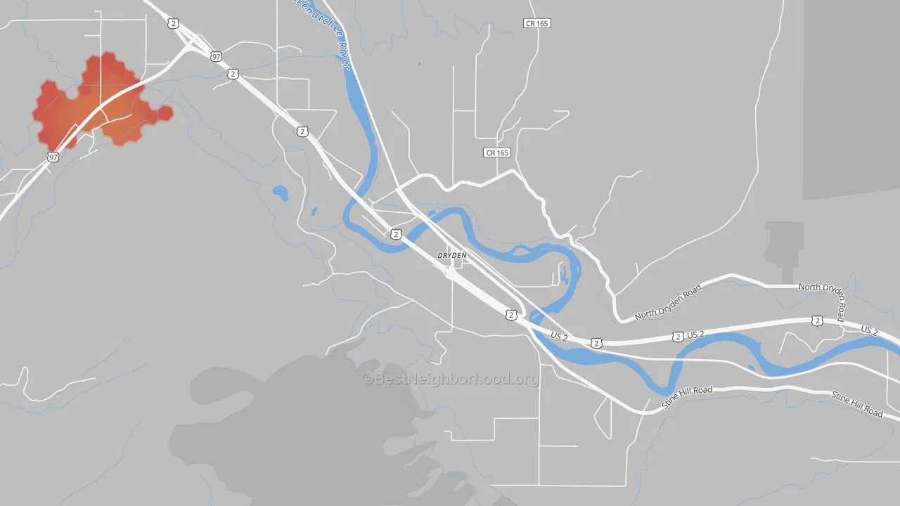 Walk Grade map of 98821, WA, walkable areas in green and car-dependent areas in red