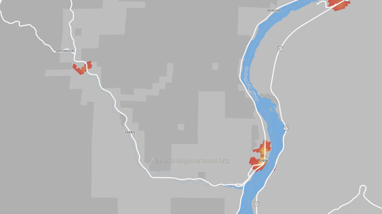 Walk Grade map of 98822, WA, walkable areas in green and car-dependent areas in red