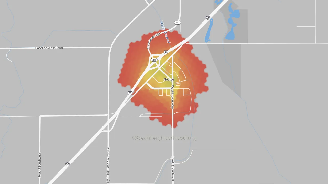 Walk Grade map of 98824, WA, walkable areas in green and car-dependent areas in red