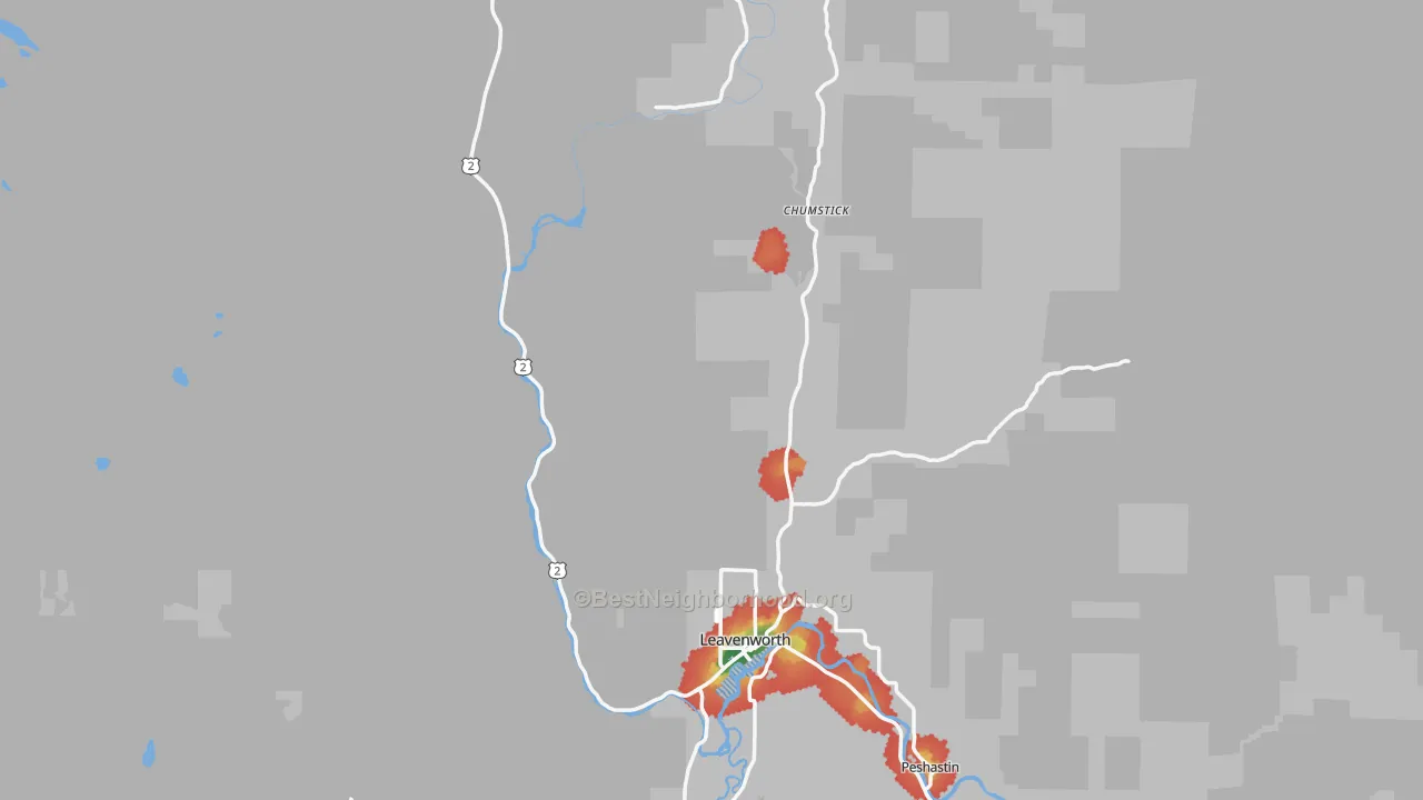 Walk Grade map of 98826, WA, walkable areas in green and car-dependent areas in red