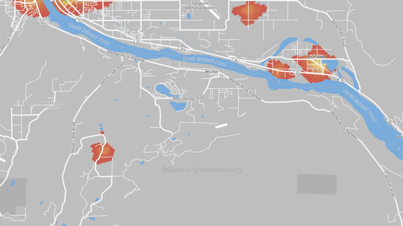 Walk Grade map of 98828, WA, walkable areas in green and car-dependent areas in red