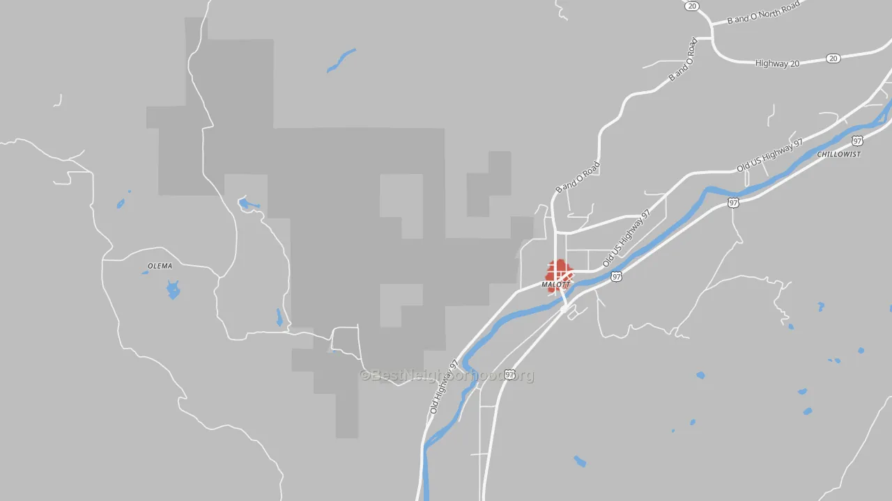 Walk Grade map of 98829, WA, walkable areas in green and car-dependent areas in red