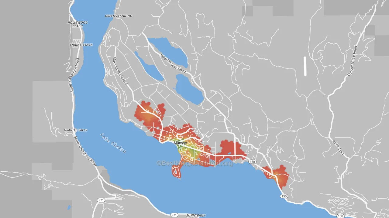 Walk Grade map of 98831, WA, walkable areas in green and car-dependent areas in red