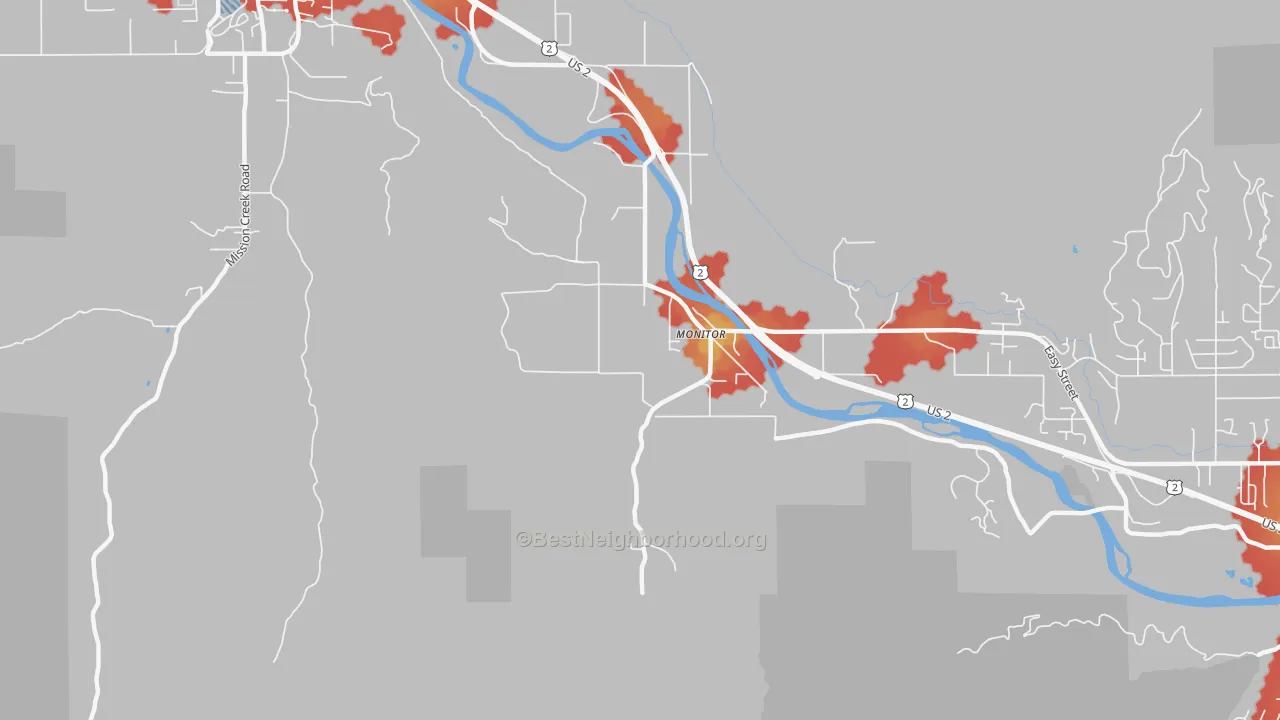 Walk Grade map of 98836, WA, walkable areas in green and car-dependent areas in red