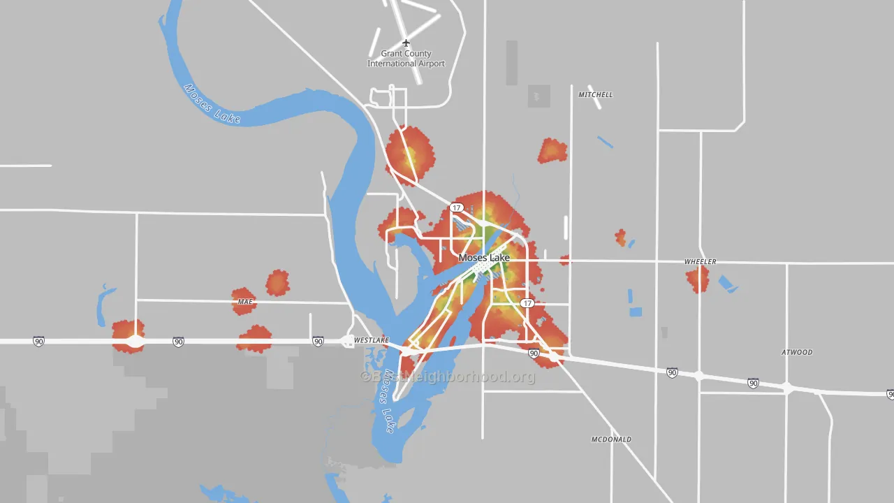Walk Grade map of 98837, WA, walkable areas in green and car-dependent areas in red