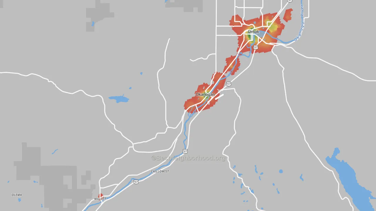 Walk Grade map of 98840, WA, walkable areas in green and car-dependent areas in red
