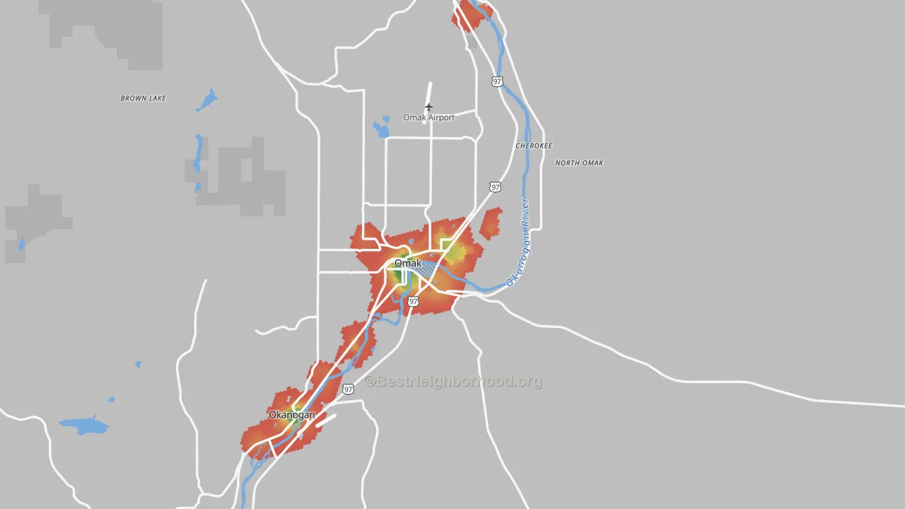 Walk Grade map of 98841, WA, walkable areas in green and car-dependent areas in red